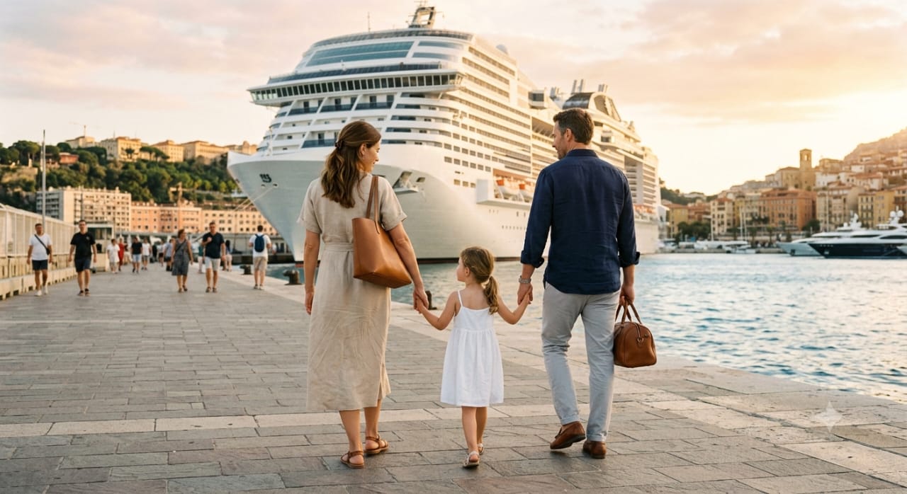 Familia caminando de espaldas por un muelle hacia un crucero al atardecer, representando la planeación de viajes familiares y cruceros en Beyond Magical Journeys.